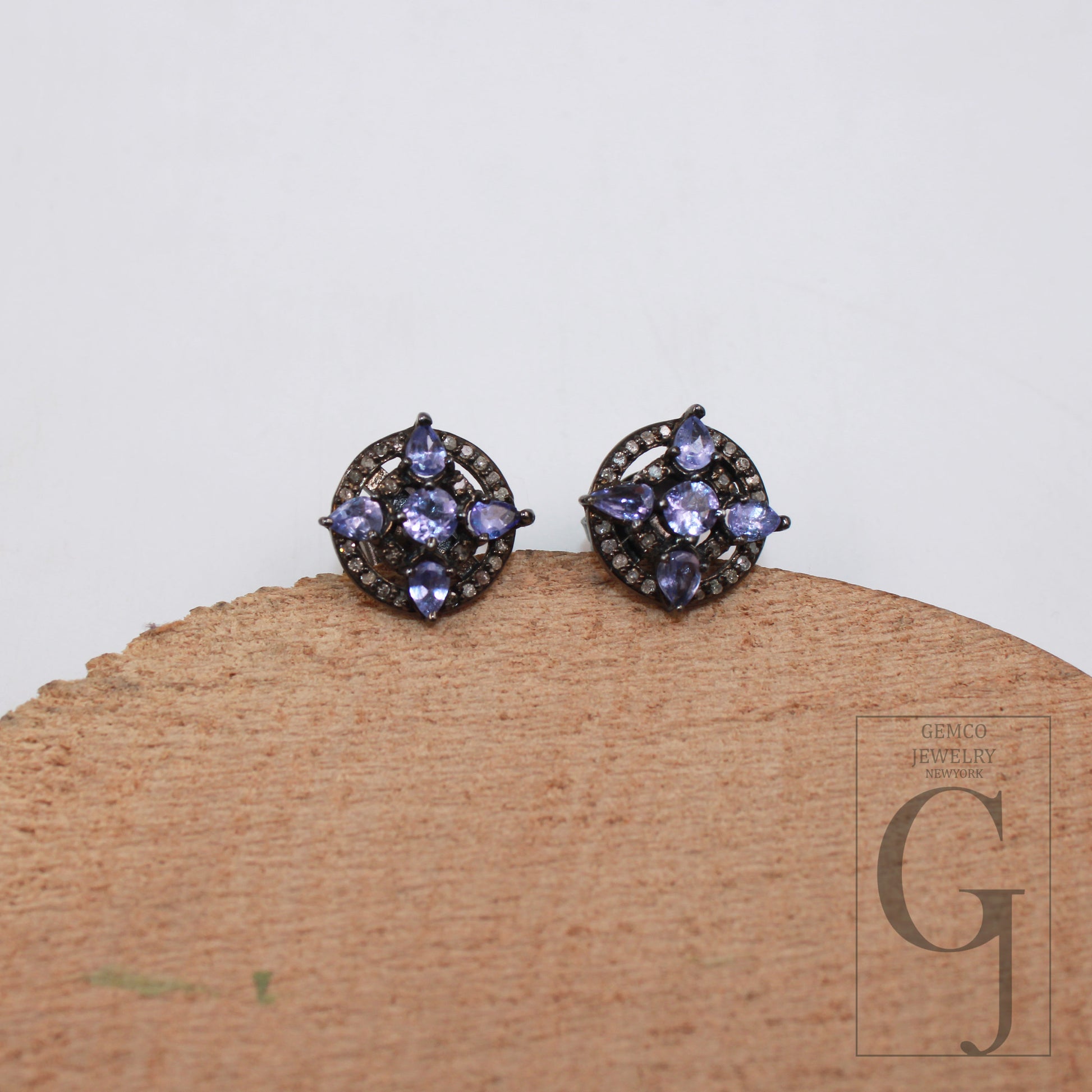 1 Pair Beautiful Designer Tanzanite Stud Earrings Tops Pave Rosecut Diamond 925 Sterling Silver Handmade  Diamond Pave Stud Earrings Jewelry