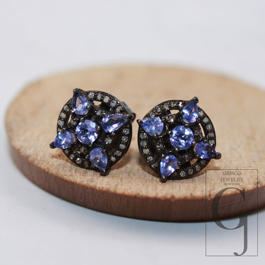 1 pair Beautiful designer tanzanite stud earrings tops Pave rosecut diamond 925 sterling silver handmade diamond pave stud earrings jewelry