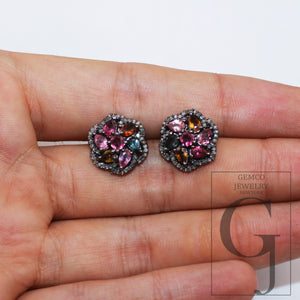 1 Pair Flower Designer Multi Tourmaline Earring Pave Rosecut Diamond 925 Sterling Silver Handmade Finish Diamond Pave Stud Earrings Jewelry