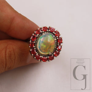 Beautiful designer natural fire opal ruby ring Rosecut pave diamond rings 925 sterling silver handmade silver finish diamond ring jewelry