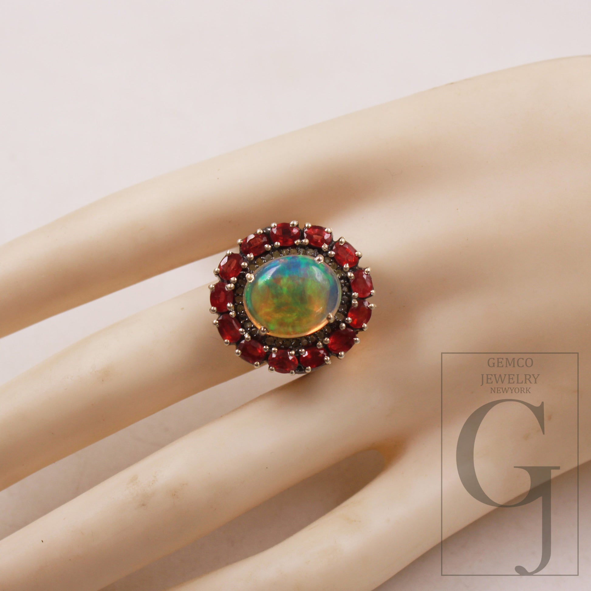 Beautiful designer natural fire opal ruby ring Rosecut pave diamond rings 925 sterling silver handmade silver finish diamond ring jewelry