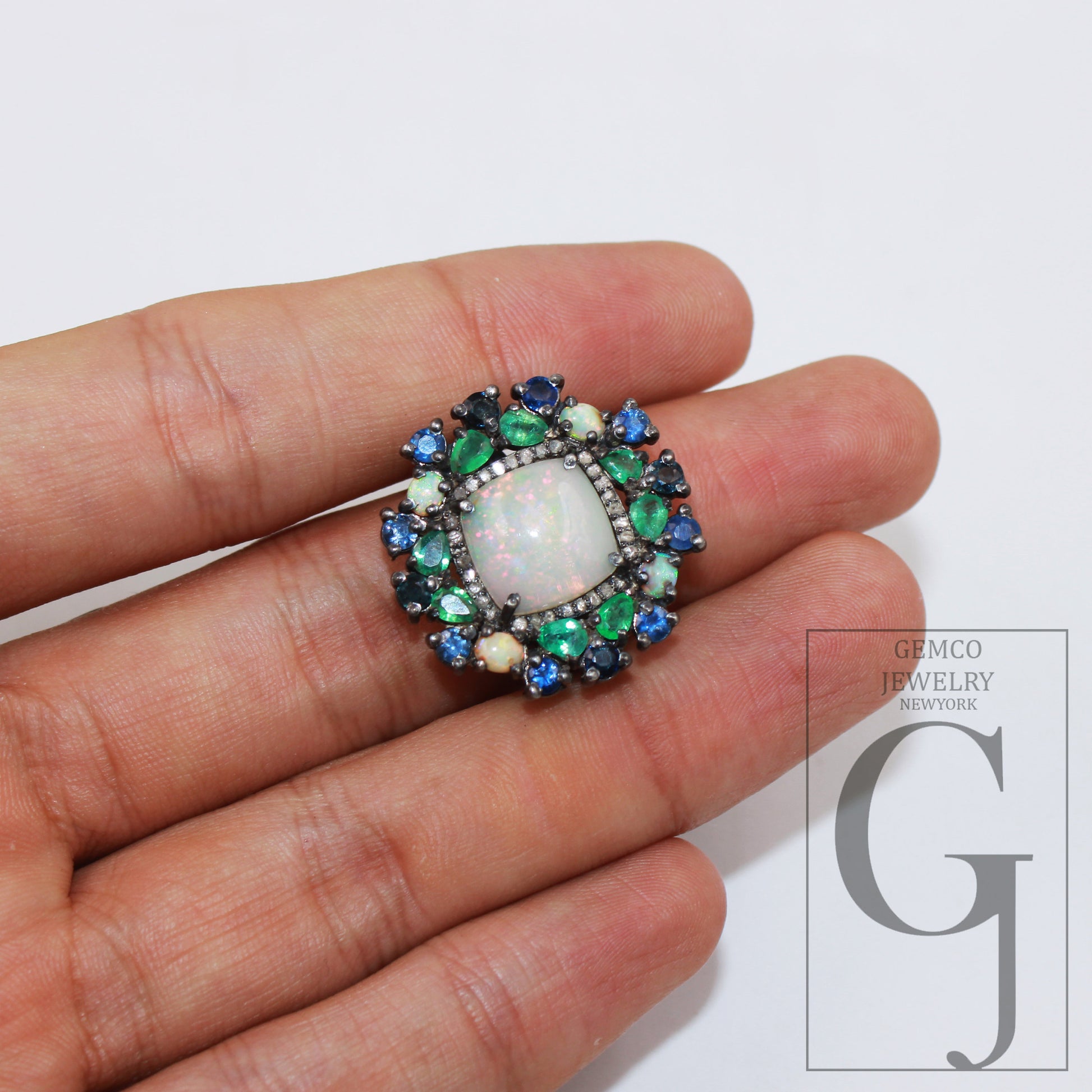 Designer natural fire opal emerald blue sapphire ring Rosecut pave diamond ring 925 sterling handmade silver finish diamond ring jewelry