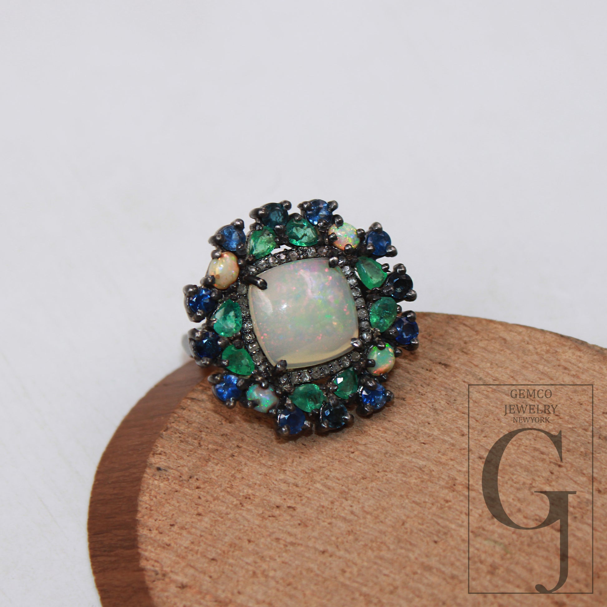 Designer natural fire opal emerald blue sapphire ring Rosecut pave diamond ring 925 sterling handmade silver finish diamond ring jewelry