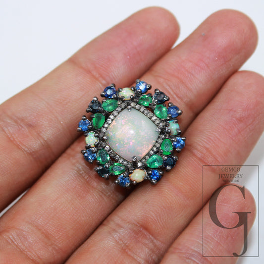 Designer natural fire opal emerald blue sapphire ring Rosecut pave diamond ring 925 sterling handmade silver finish diamond ring jewelry