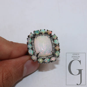 Oxidized finish natural milky opal ring designer Rosecut pave diamond rings 925 sterling silver handmade silver finish diamond ring jewelry