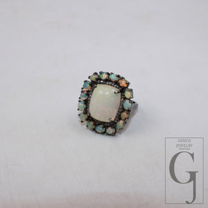 Oxidized finish natural milky opal ring designer Rosecut pave diamond rings 925 sterling silver handmade silver finish diamond ring jewelry