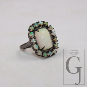 Oxidized finish natural milky opal ring designer Rosecut pave diamond rings 925 sterling silver handmade silver finish diamond ring jewelry