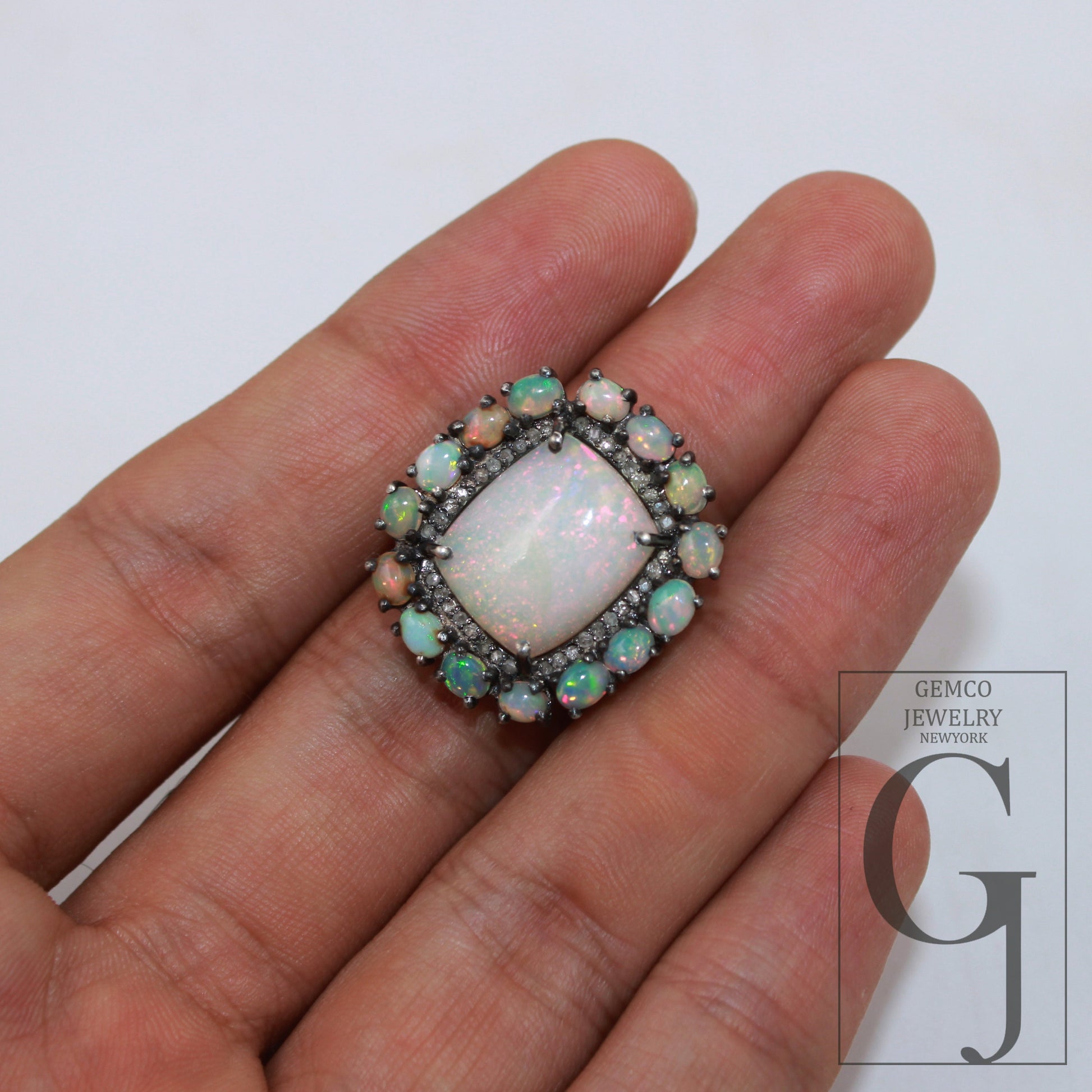 Oxidized finish natural milky opal ring designer Rosecut pave diamond rings 925 sterling silver handmade silver finish diamond ring jewelry