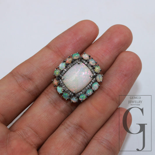 Oxidized finish natural milky opal ring designer Rosecut pave diamond rings 925 sterling silver handmade silver finish diamond ring jewelry