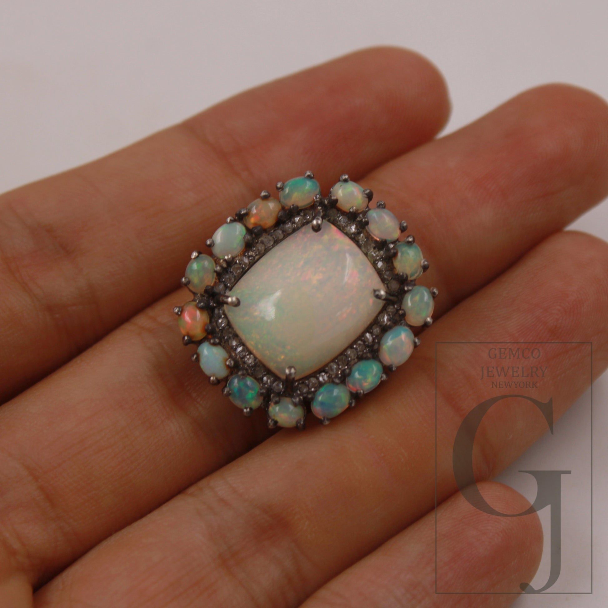 Oxidized finish natural milky opal ring designer Rosecut pave diamond rings 925 sterling silver handmade silver finish diamond ring jewelry