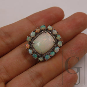 Oxidized finish natural milky opal ring designer Rosecut pave diamond rings 925 sterling silver handmade silver finish diamond ring jewelry