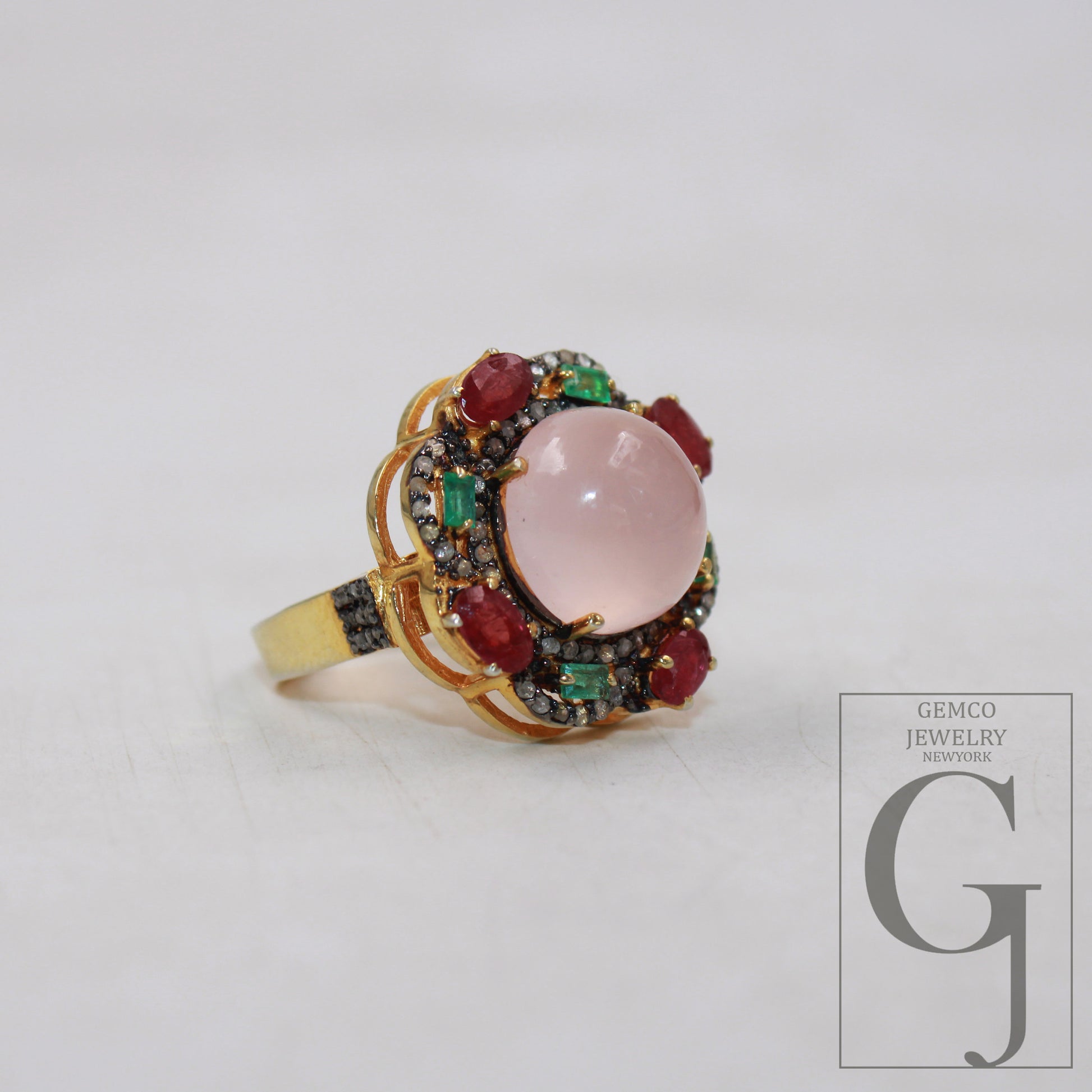 14k gold designer rose quartz ring ruby emerald ring Rosecut pave diamond rings 925 sterling silver handmade silver finish diamond jewelry