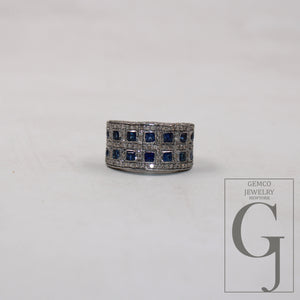 Oxidized finish princess cut Blue sapphire ring designer Rosecut pave diamond rings 925 sterling silver handmade silver finish diamond ring