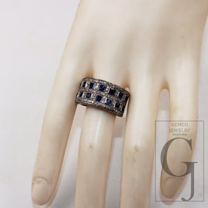 Oxidized finish princess cut Blue sapphire ring designer Rosecut pave diamond rings 925 sterling silver handmade silver finish diamond ring