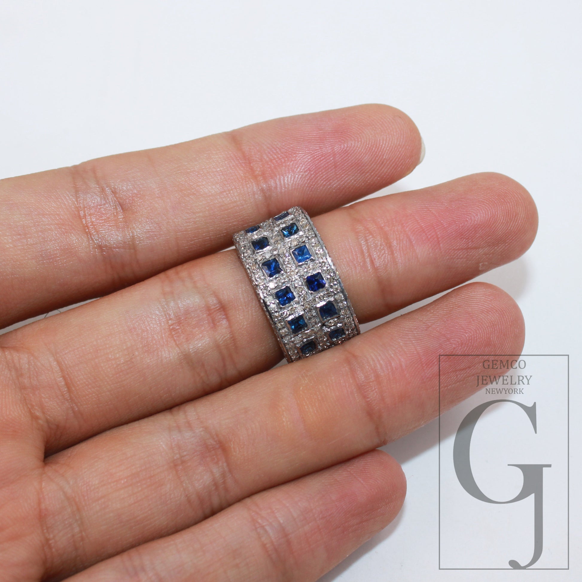 Oxidized finish princess cut Blue sapphire ring designer Rosecut pave diamond rings 925 sterling silver handmade silver finish diamond ring