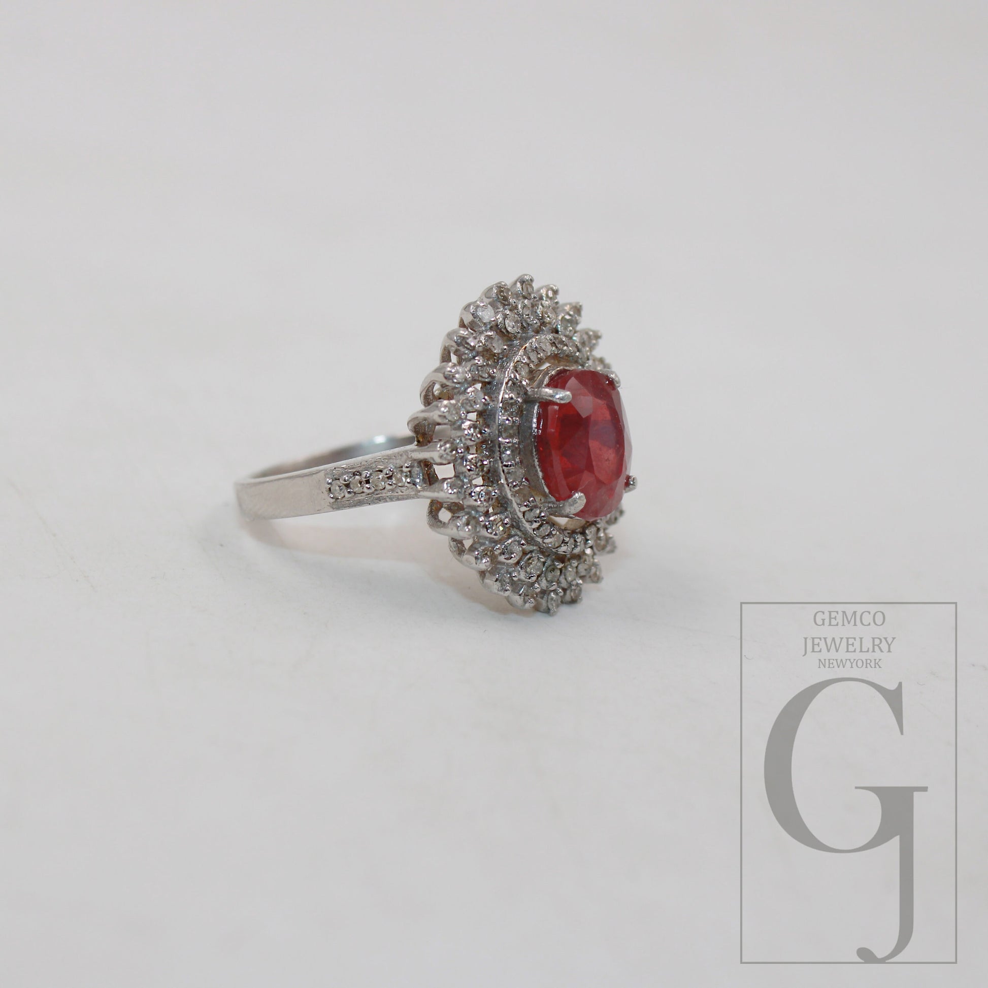 Beautiful Red Ruby Ring Designer Rosecut Pave Diamond Rings 925 Sterling Silver Handmade Silver Finish Ruby Diamond Statement Ring Jewelry