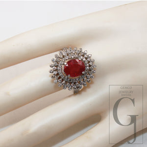 Beautiful Red ruby ring designer Rosecut pave diamond rings 925 sterling silver handmade silver finish ruby diamond statement ring jewelry