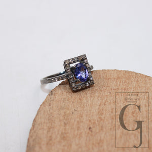 Antique look natural tanzanite ring Rosecut pave diamond rings 925 sterling silver handmade silver finish diamond ring statement jewelry