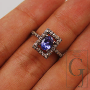 Antique look natural tanzanite ring Rosecut pave diamond rings 925 sterling silver handmade silver finish diamond ring statement jewelry