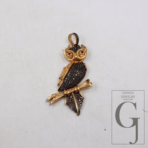 Pave diamond rosecut pendant 925 sterling silver pendant handmade diamond pendant designer animal figure golden owl shaped diamond pendant