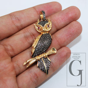 Pave diamond rosecut pendant 925 sterling silver pendant handmade diamond pendant designer animal figure golden owl shaped diamond pendant