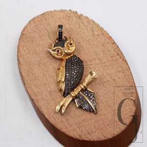 Pave diamond rosecut pendant 925 sterling silver pendant handmade diamond pendant designer animal figure golden owl shaped diamond pendant