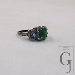 1pc Oxidized Finish Look Tanzanite Emerald Ring Designer Rosecut Pave Diamond Rings 925 Sterling Silver Handmade Silver Finish Diamond Ring