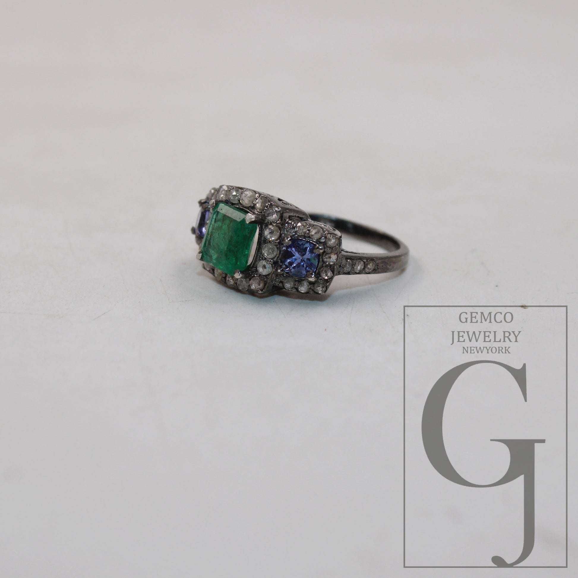 1pc Oxidized Finish Look Tanzanite Emerald Ring Designer Rosecut Pave Diamond Rings 925 Sterling Silver Handmade Silver Finish Diamond Ring