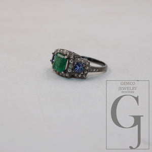 1pc Oxidized Finish Look Tanzanite Emerald Ring Designer Rosecut Pave Diamond Rings 925 Sterling Silver Handmade Silver Finish Diamond Ring