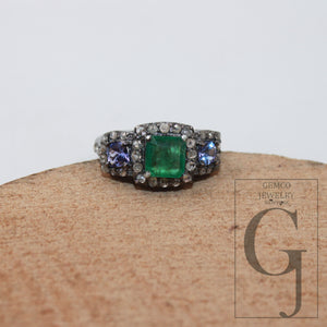 1pc Oxidized finish look tanzanite emerald ring designer Rosecut pave diamond rings 925 sterling silver handmade silver finish diamond ring