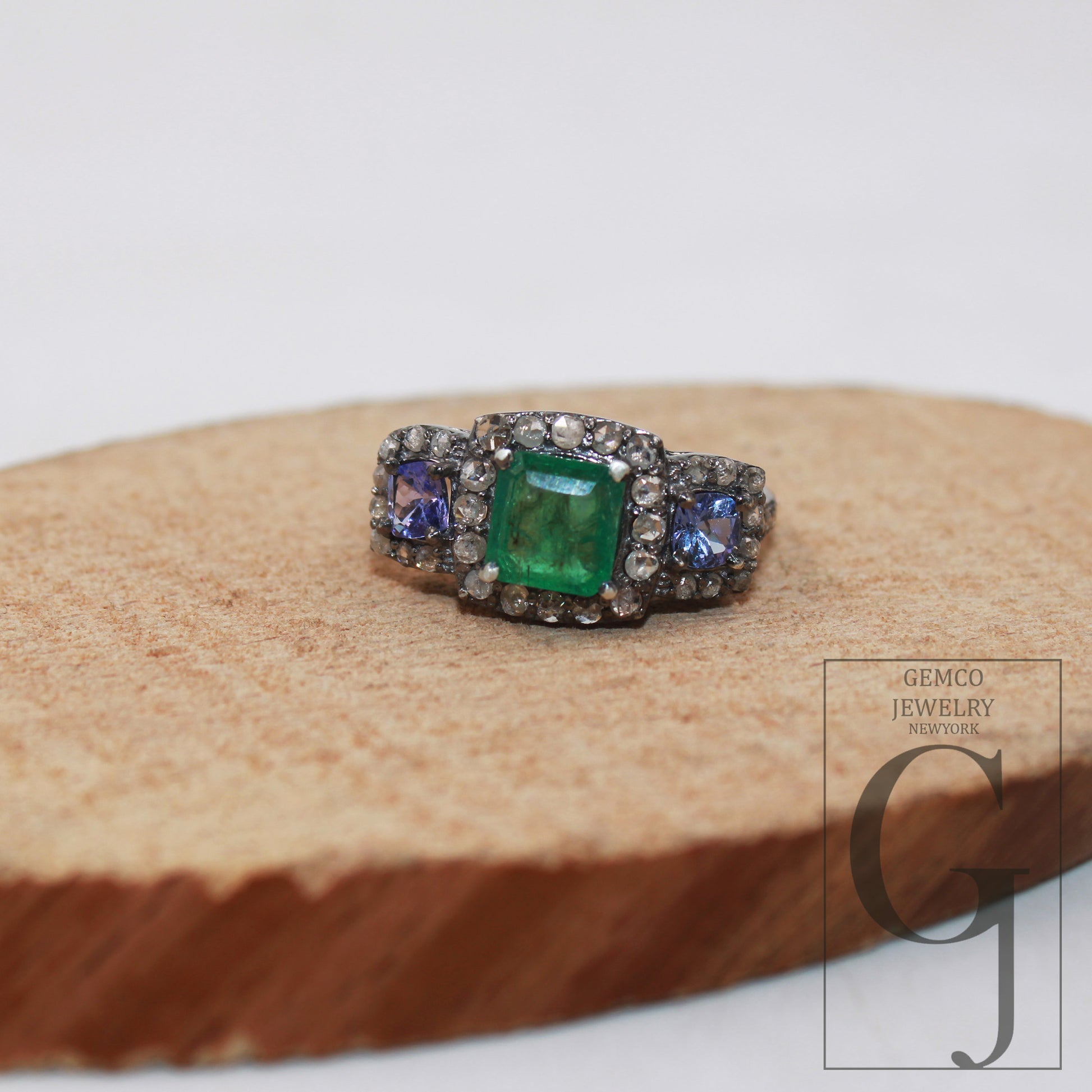 1pc Oxidized finish look tanzanite emerald ring designer Rosecut pave diamond rings 925 sterling silver handmade silver finish diamond ring