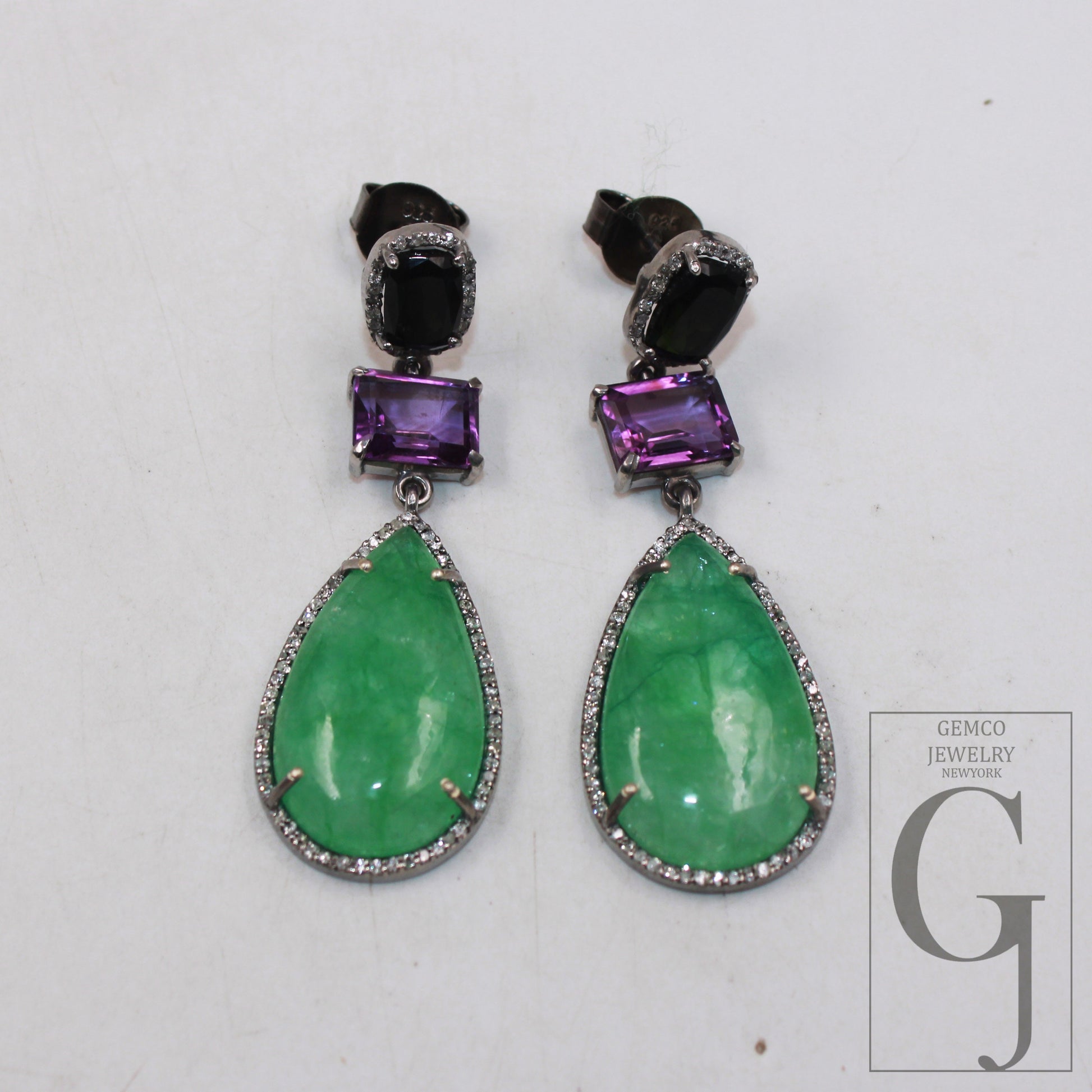 Emerald tourmaline and amethyst designer earring Rosecut pave diamond earrings 925 sterling silver handmade silver finish diamond earring