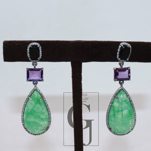 Emerald tourmaline and amethyst designer earring Rosecut pave diamond earrings 925 sterling silver handmade silver finish diamond earring