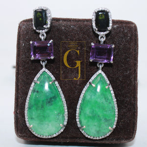 Emerald tourmaline and amethyst designer earring Rosecut pave diamond earrings 925 sterling silver handmade silver finish diamond earring