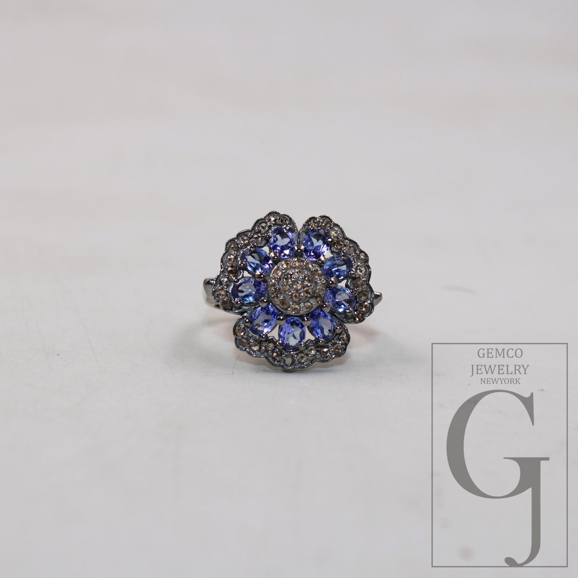 Beautiful designer natural tanzanite flower ring Rosecut pave diamond rings 925 sterling silver handmade silver finish diamond ring jewelry