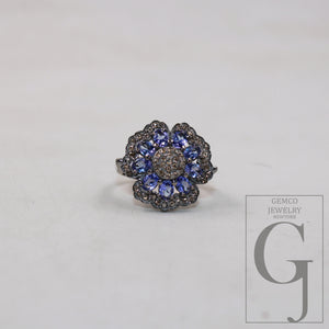 Beautiful designer natural tanzanite flower ring Rosecut pave diamond rings 925 sterling silver handmade silver finish diamond ring jewelry