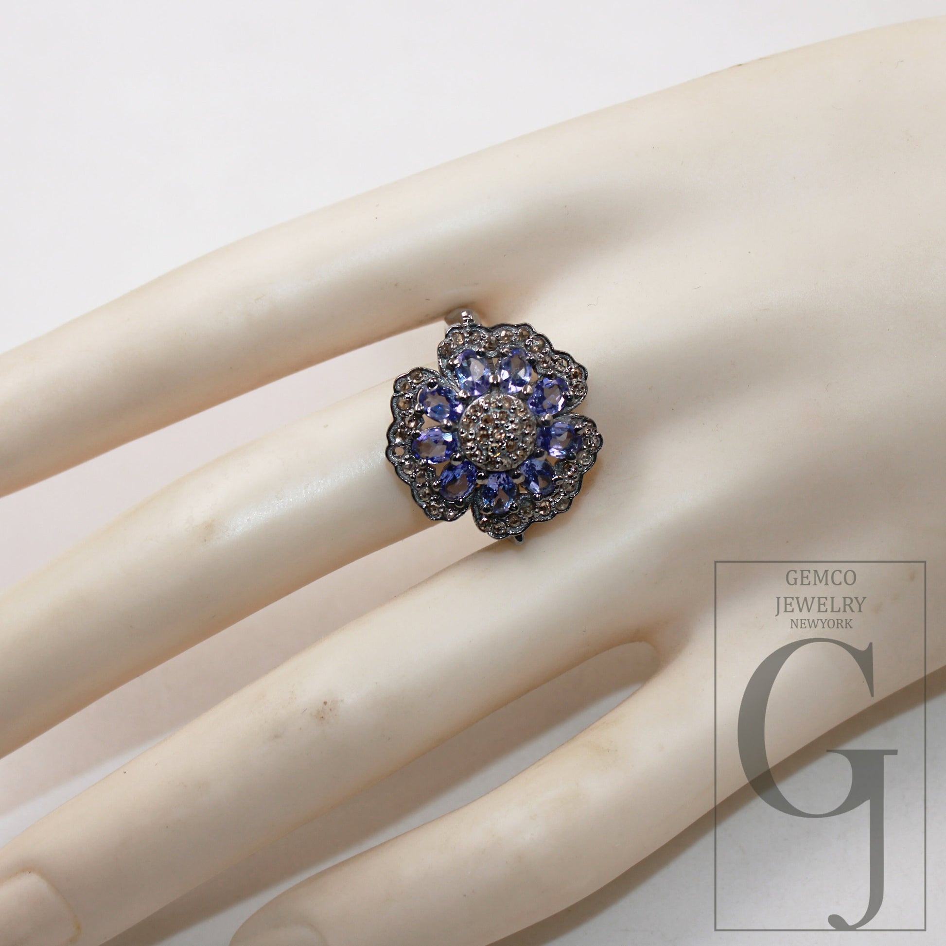 Beautiful Designer Natural Tanzanite Flower Ring Rosecut Pave Diamond Rings 925 Sterling Silver Handmade Silver Finish Diamond Ring Jewelry