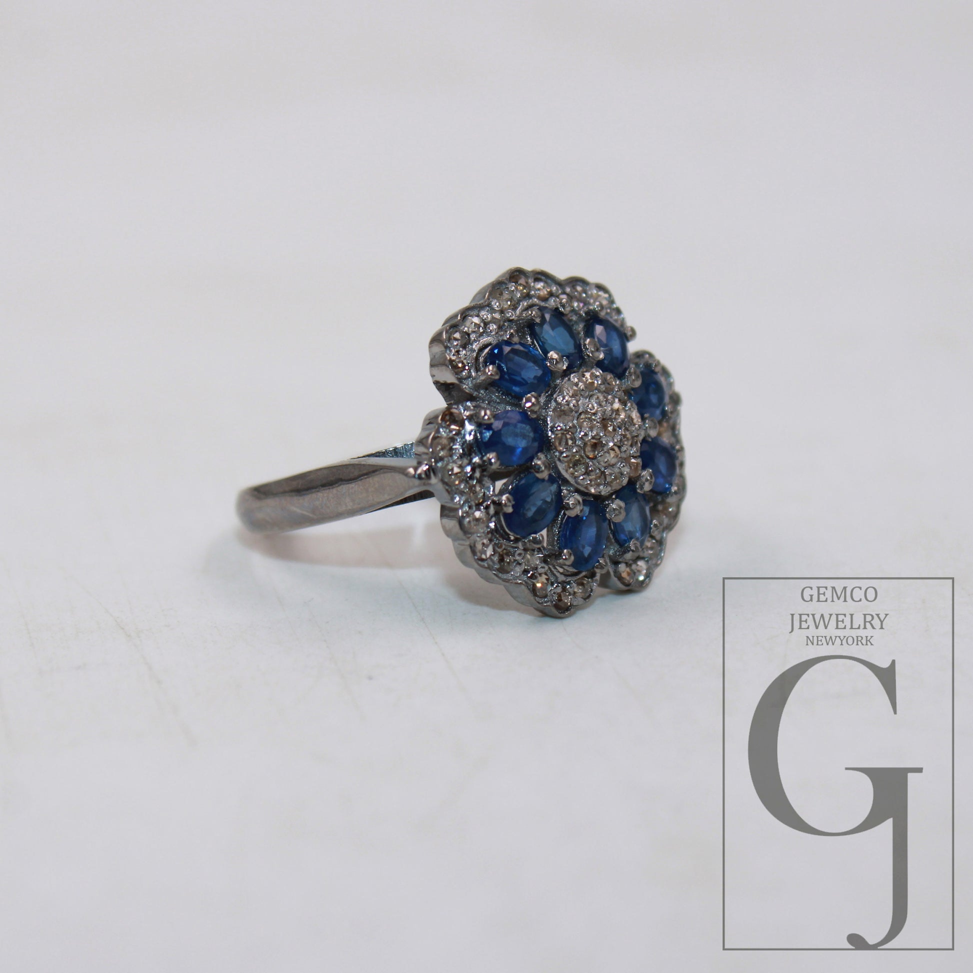 Natural blue sapphire flower designer ring Rosecut pave diamond rings 925 sterling silver handmade silver finish diamond ring jewelry