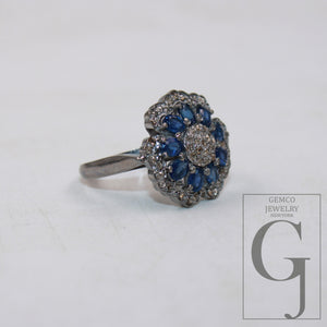 Natural blue sapphire flower designer ring Rosecut pave diamond rings 925 sterling silver handmade silver finish diamond ring jewelry