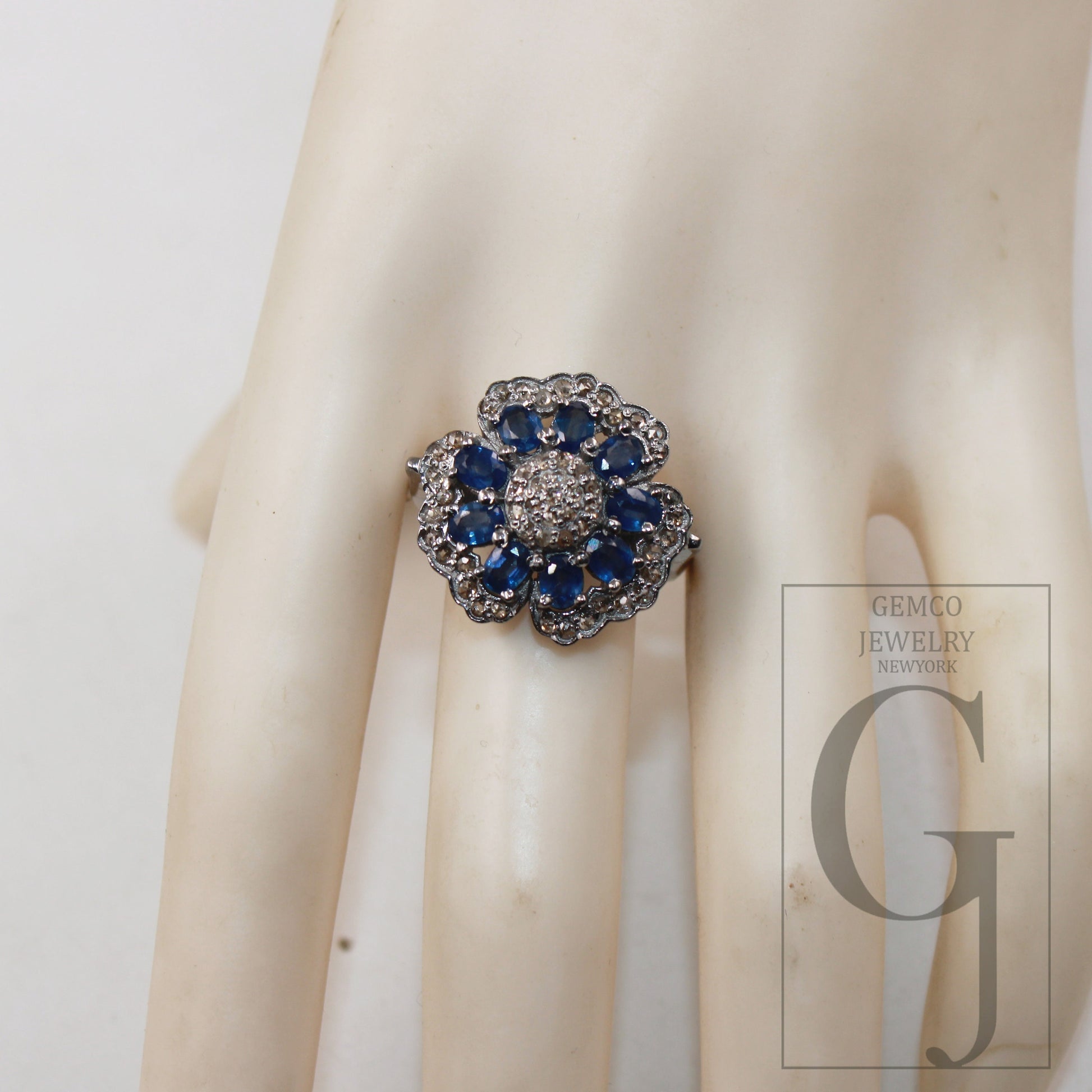 Natural blue sapphire flower designer ring Rosecut pave diamond rings 925 sterling silver handmade silver finish diamond ring jewelry