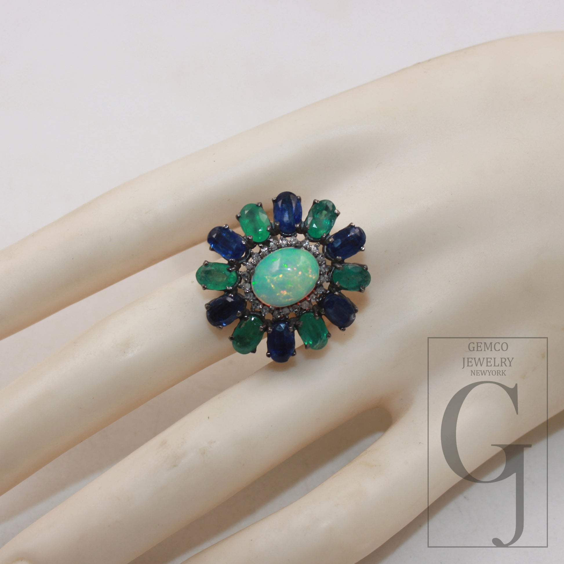 Oxidized finish natural opal emerald kyanite ring designer Rosecut pave diamond ring 925 sterling silver handmade silver finish diamond ring