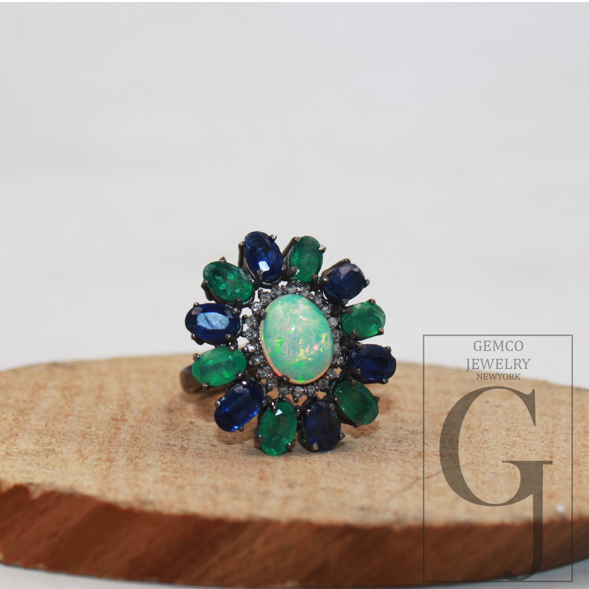 Oxidized finish natural opal emerald kyanite ring designer Rosecut pave diamond ring 925 sterling silver handmade silver finish diamond ring