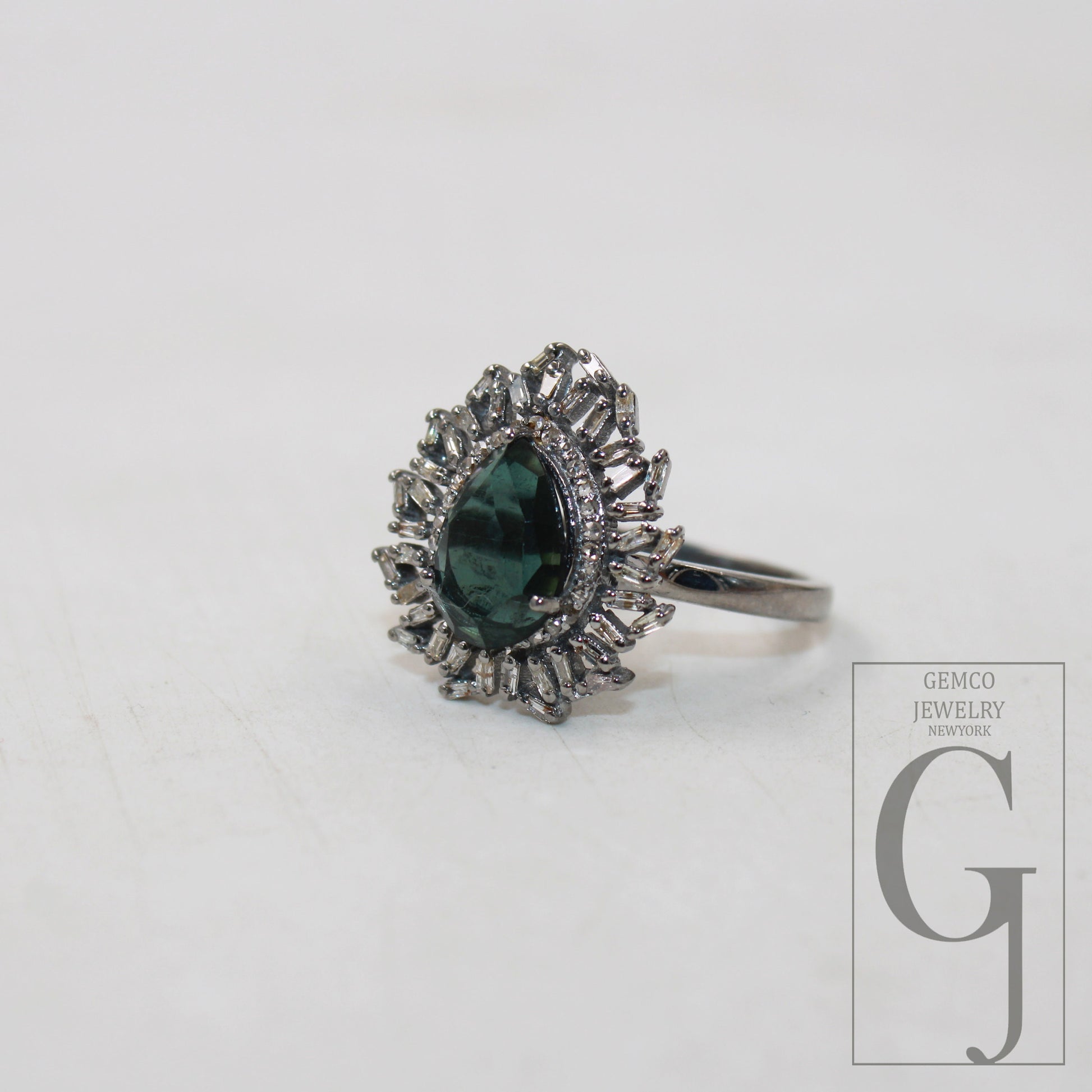 Beautiful green tourmaline ring designer Rosecut pave diamond rings 925 sterling silver handmade silver finish Baguette diamond ring jewelry