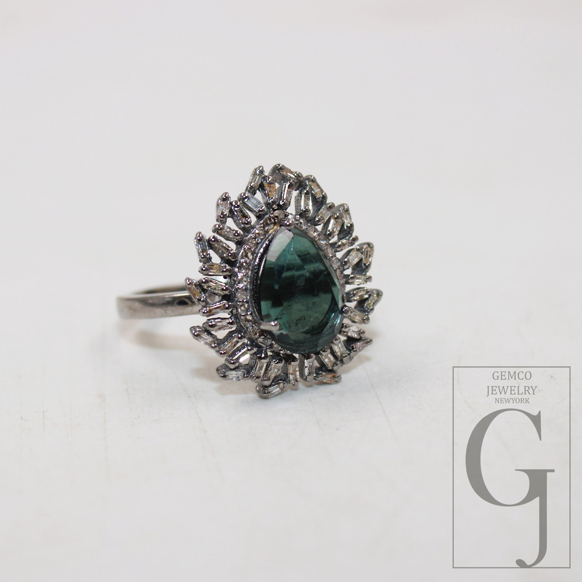 Beautiful green tourmaline ring designer Rosecut pave diamond rings 925 sterling silver handmade silver finish Baguette diamond ring jewelry