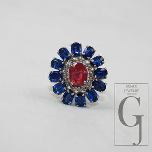 Antique look blue kyanite red ruby ring designer Rosecut pave handmade diamond rings 925 sterling silver handmade silver finish diamond ring