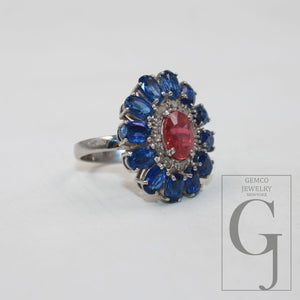 Antique look blue kyanite red ruby ring designer Rosecut pave handmade diamond rings 925 sterling silver handmade silver finish diamond ring