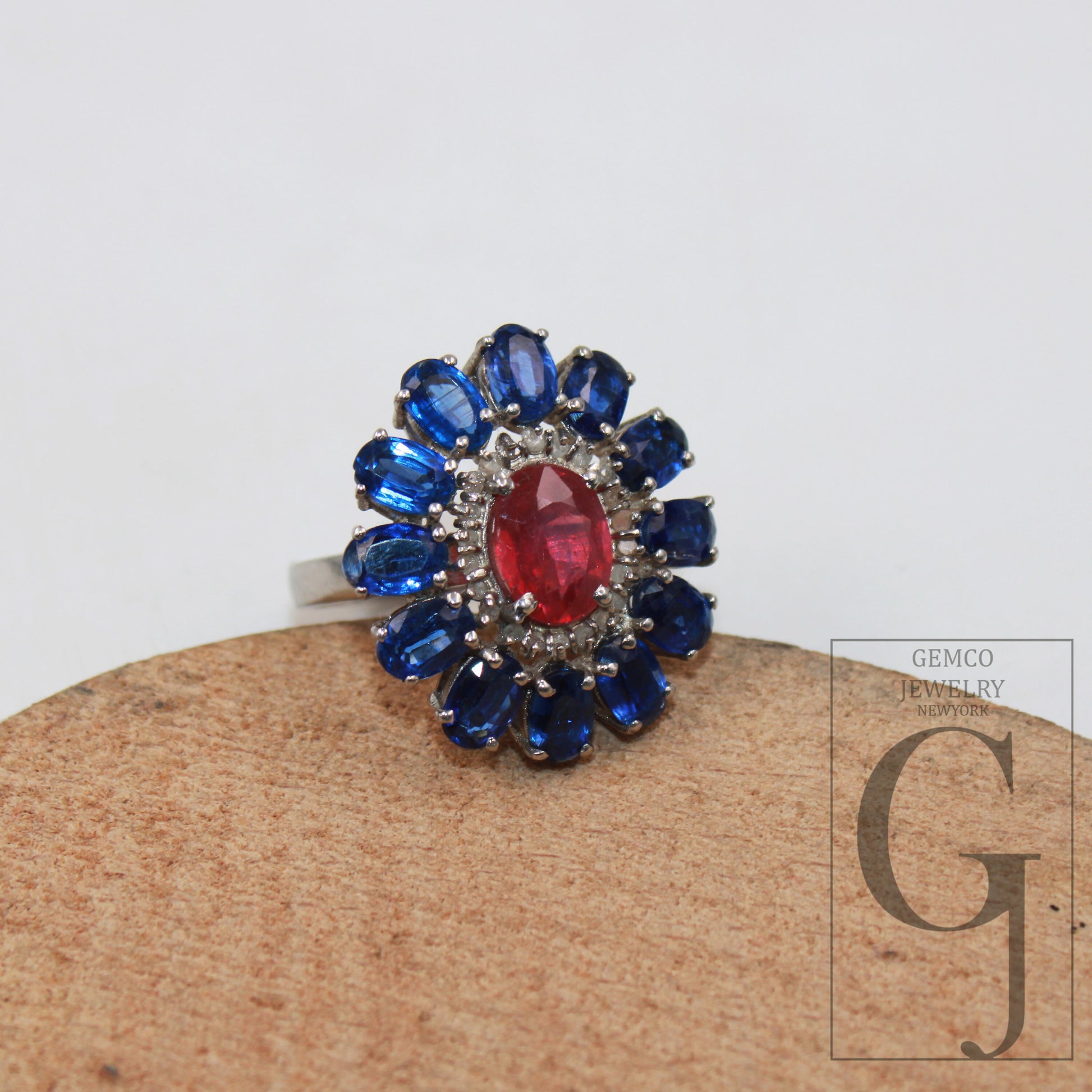 Antique look blue kyanite red ruby ring designer Rosecut pave handmade diamond rings 925 sterling silver handmade silver finish diamond ring