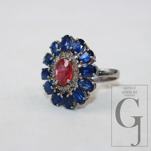 Antique look blue kyanite red ruby ring designer Rosecut pave handmade diamond rings 925 sterling silver handmade silver finish diamond ring