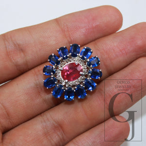 Antique look blue kyanite red ruby ring designer Rosecut pave handmade diamond rings 925 sterling silver handmade silver finish diamond ring