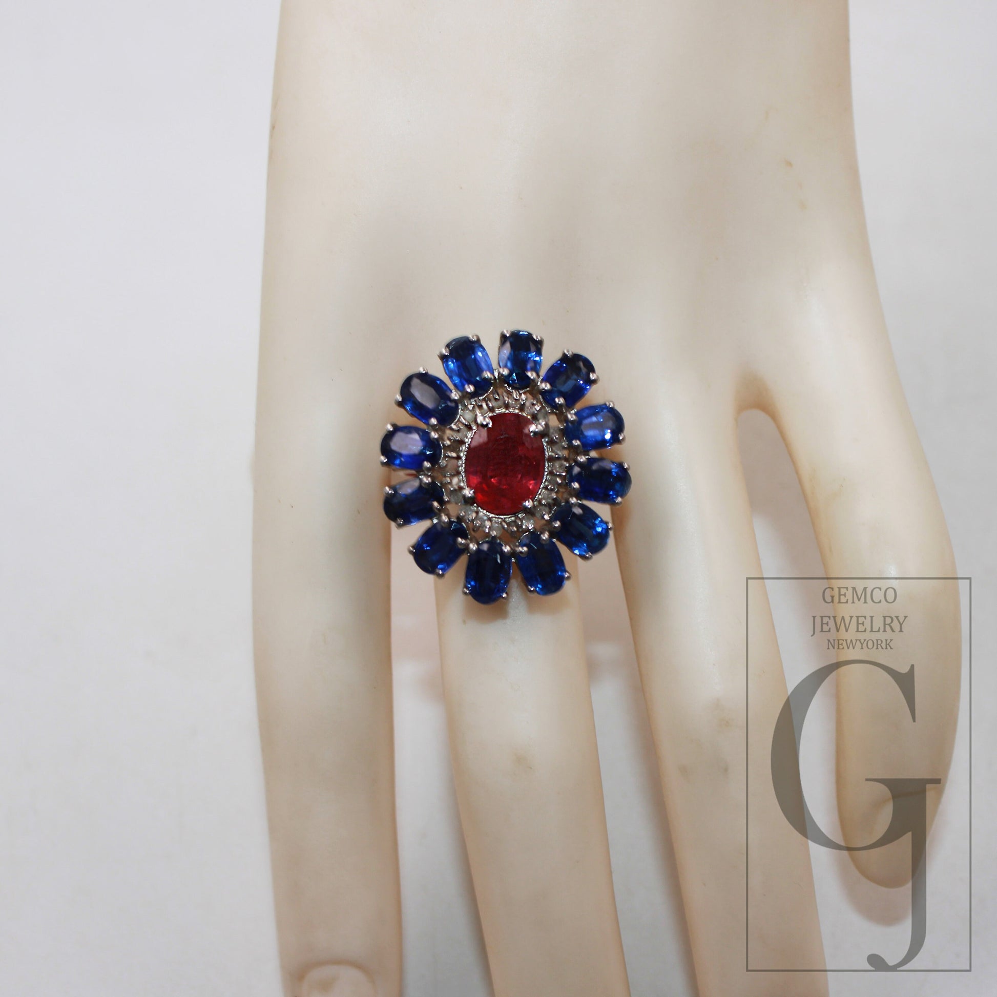 Antique look blue kyanite red ruby ring designer Rosecut pave handmade diamond rings 925 sterling silver handmade silver finish diamond ring